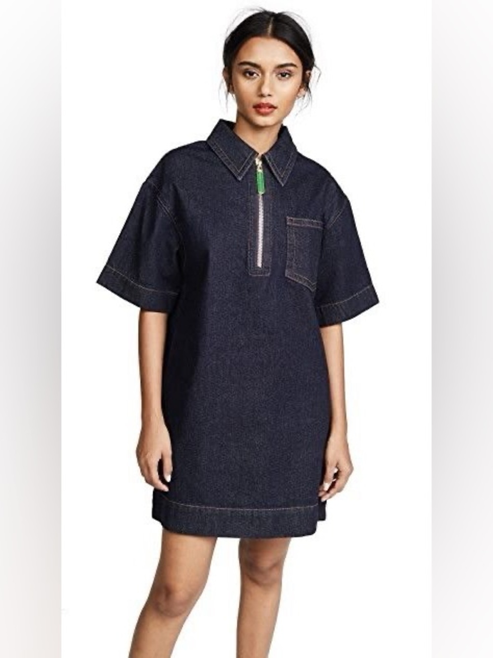 NEW Marc Jacobs XS Dark Blue Denim Mini Shift Dress Quarter-Zip Neck w/ Pockets